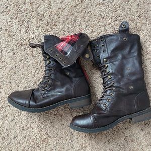 Dark Brown Refresh Combat boots with red & black plaid cuff 7.5